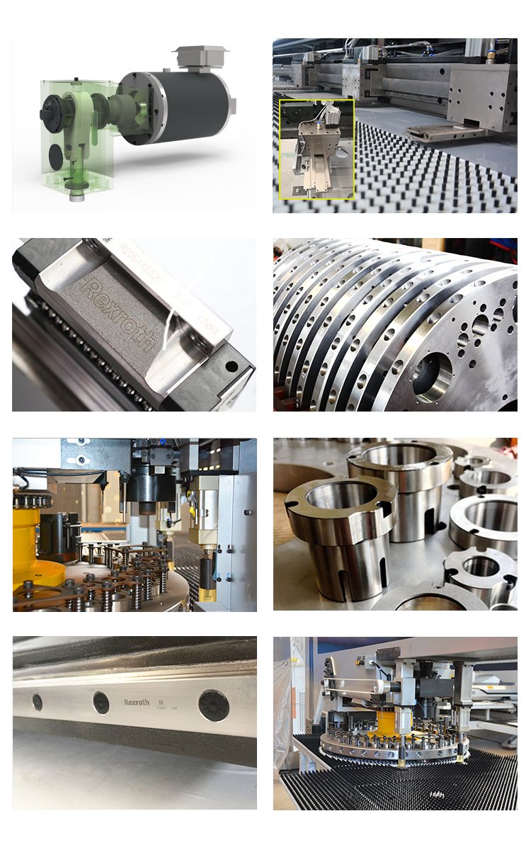 Turret puncher component set showing servo drive, Rexroth linear guides, turret disc, tooling and brush table